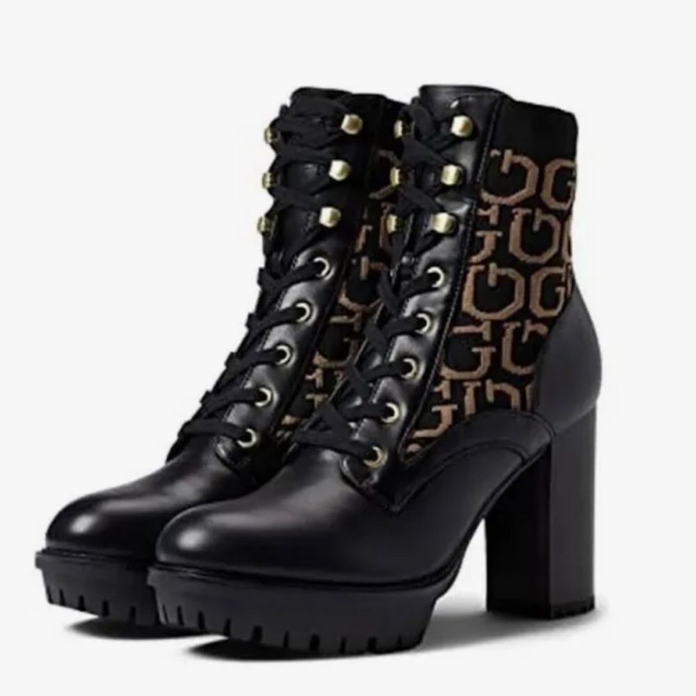GUESS Wgrows-R Ankle Boots – Knit Logo Platform, Black/Brown | Size 7.5